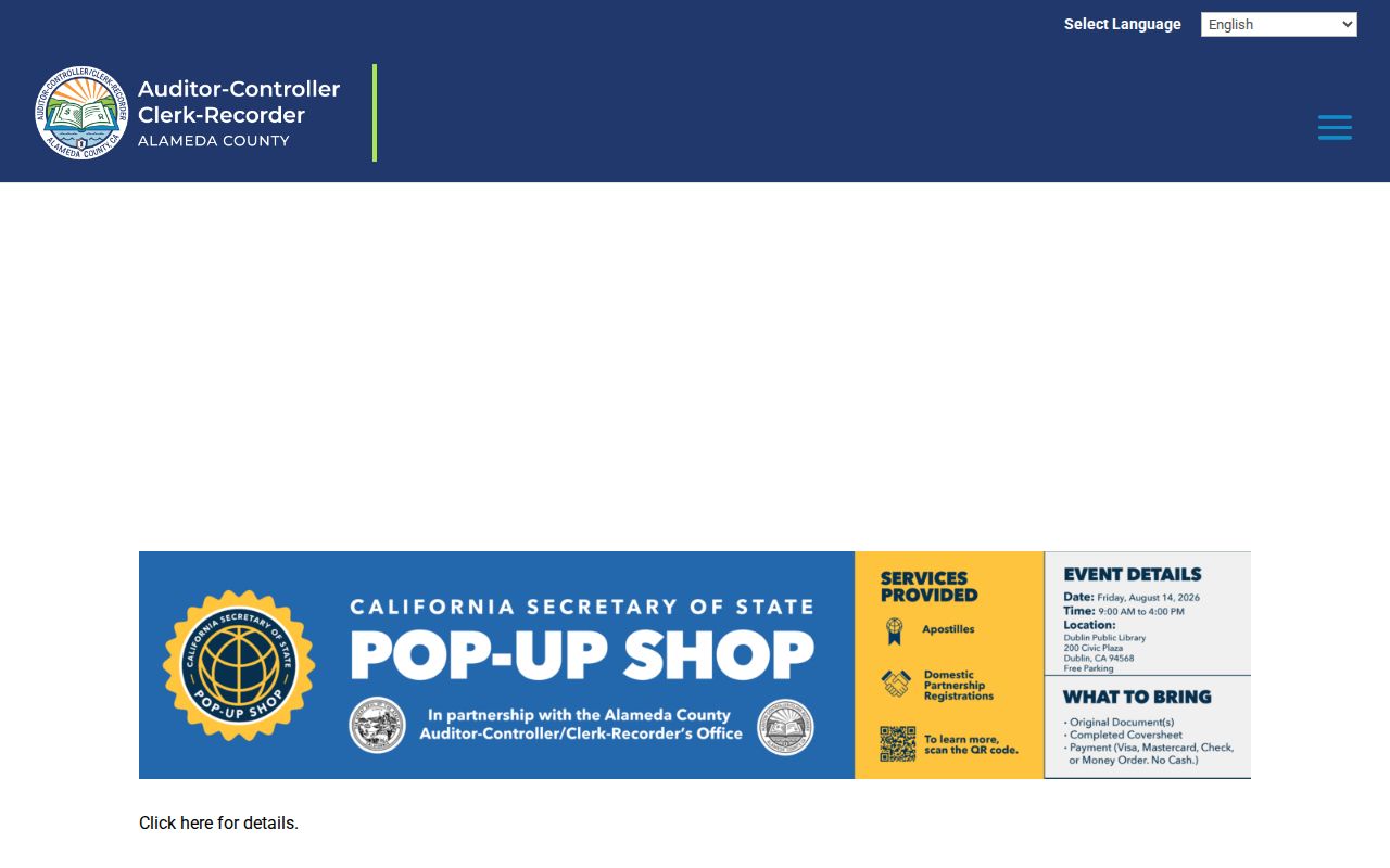 San Leandro residents directory view of Alameda County Clerk-Recorder services