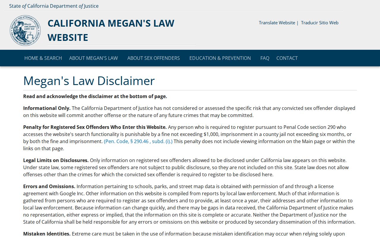 San Leandro resident lookup view of California Megan's Law search
