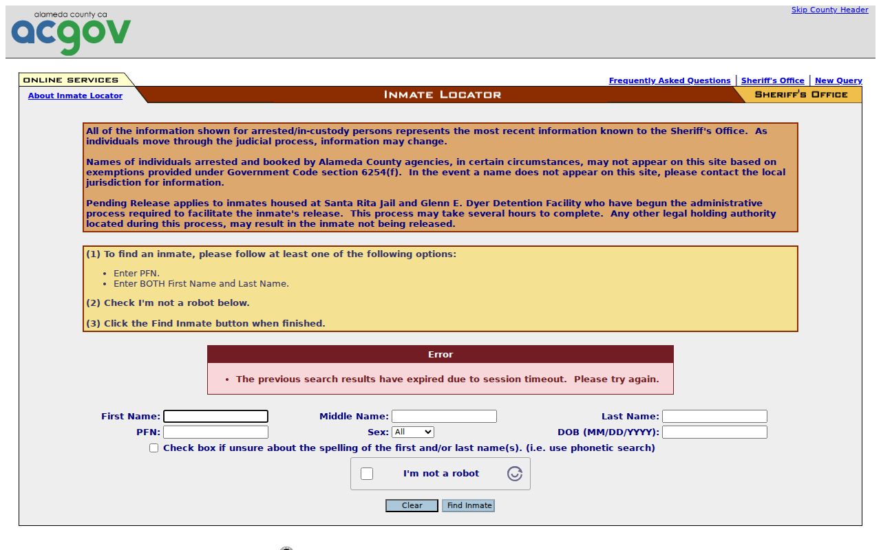 San Leandro resident lookup view of Alameda County inmate locator