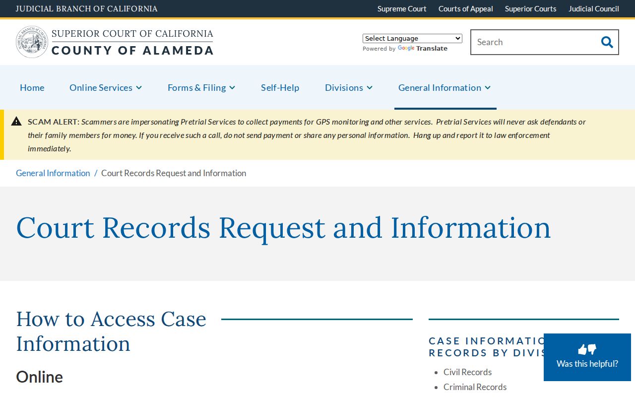San Leandro resident lookup view of Alameda court records information
