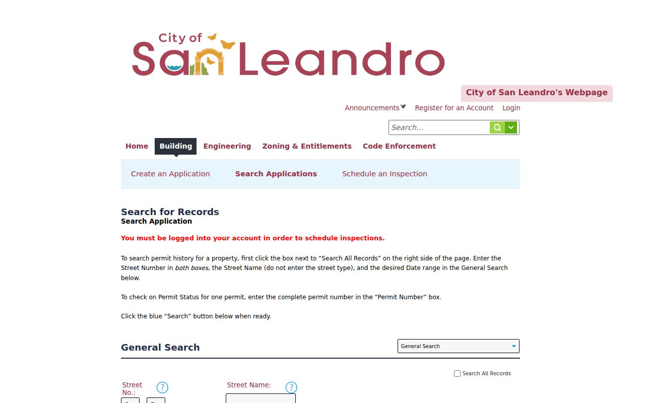 San Leandro street directory view of city building permit search