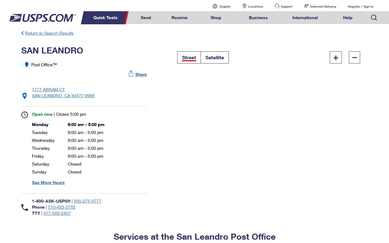 San Leandro ZIP code directory view of USPS station details